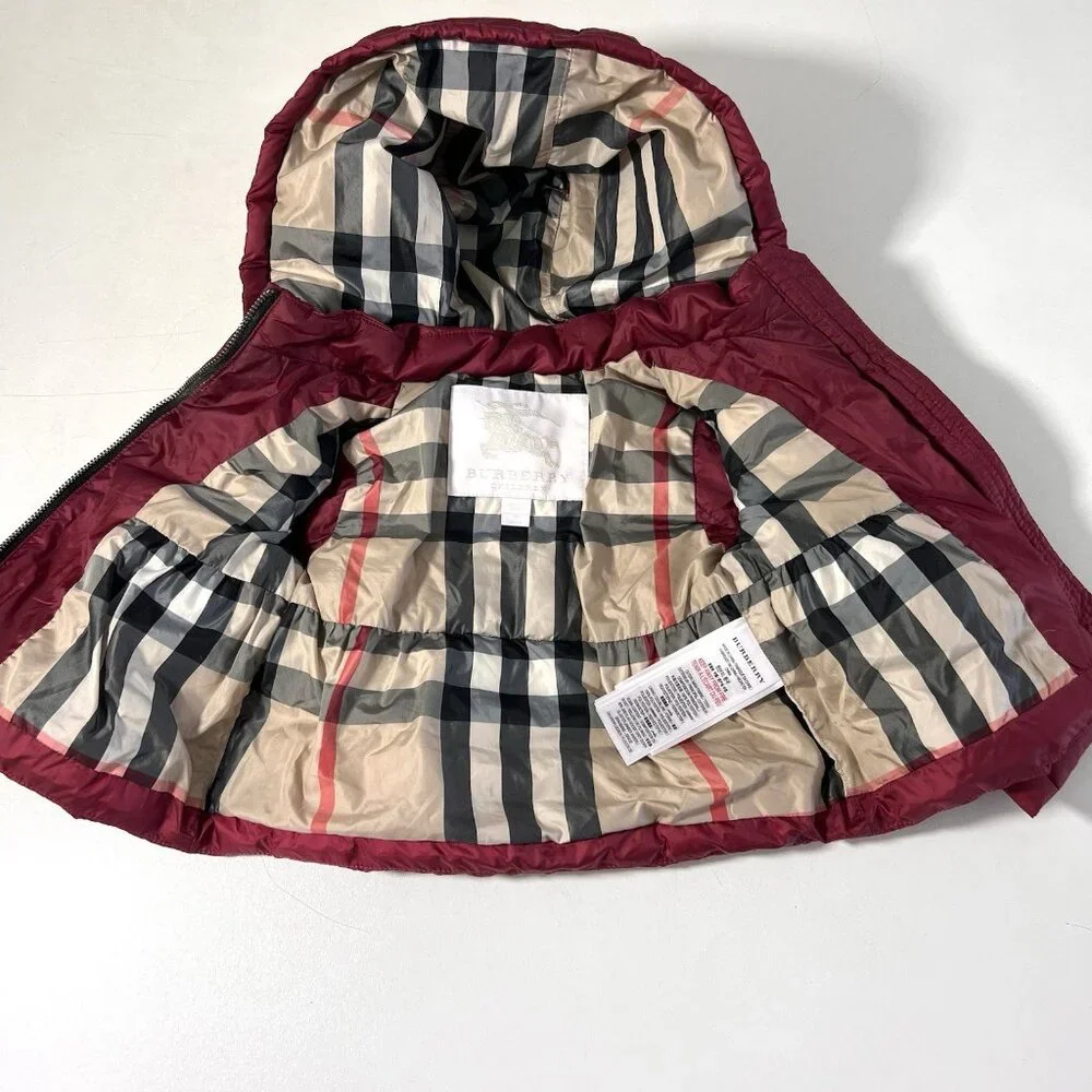 Burberry Puffer Coat Baby Girl 6 Months Maroon Goose Down Hooded Plaid Lined - Picture 3 of 7